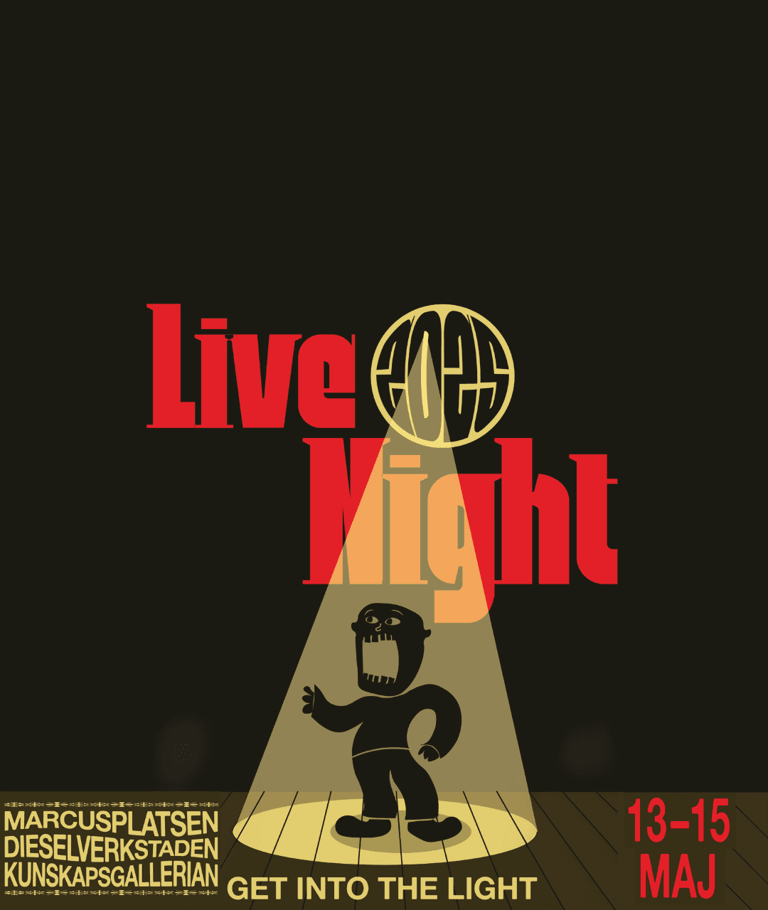 Poster med illustration av en elev som står på scen under Live night.